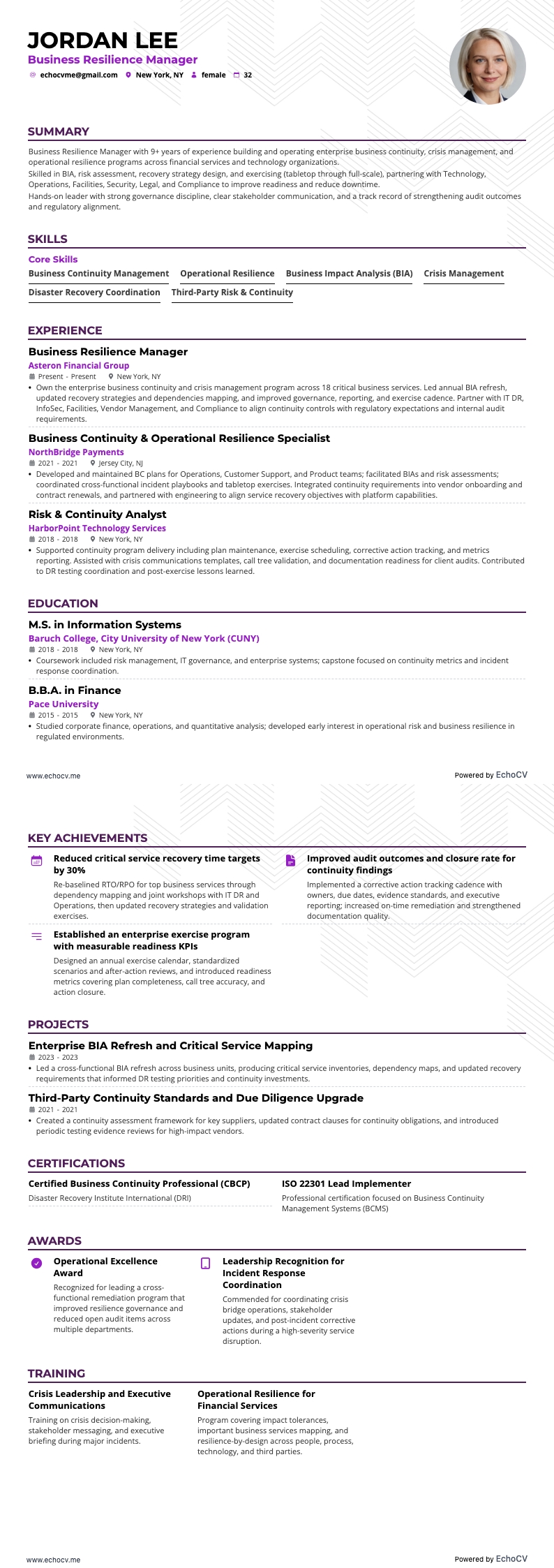 Business Resilience Manager example resume