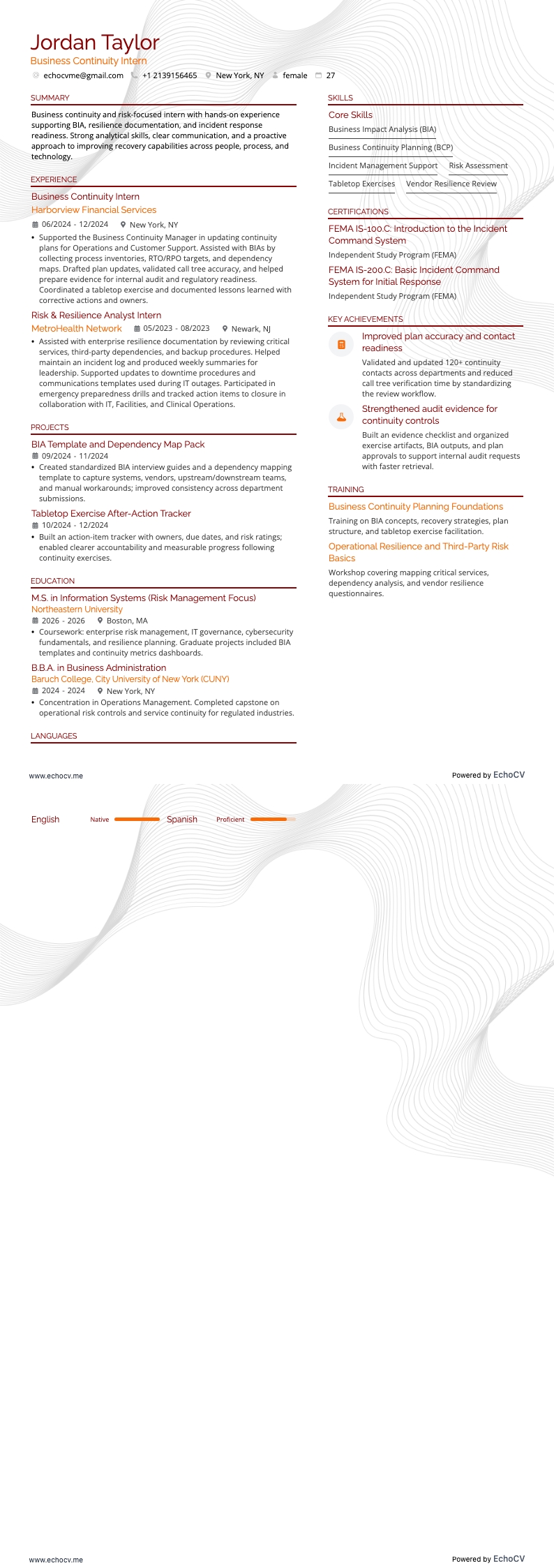 Business Continuity Intern example resume