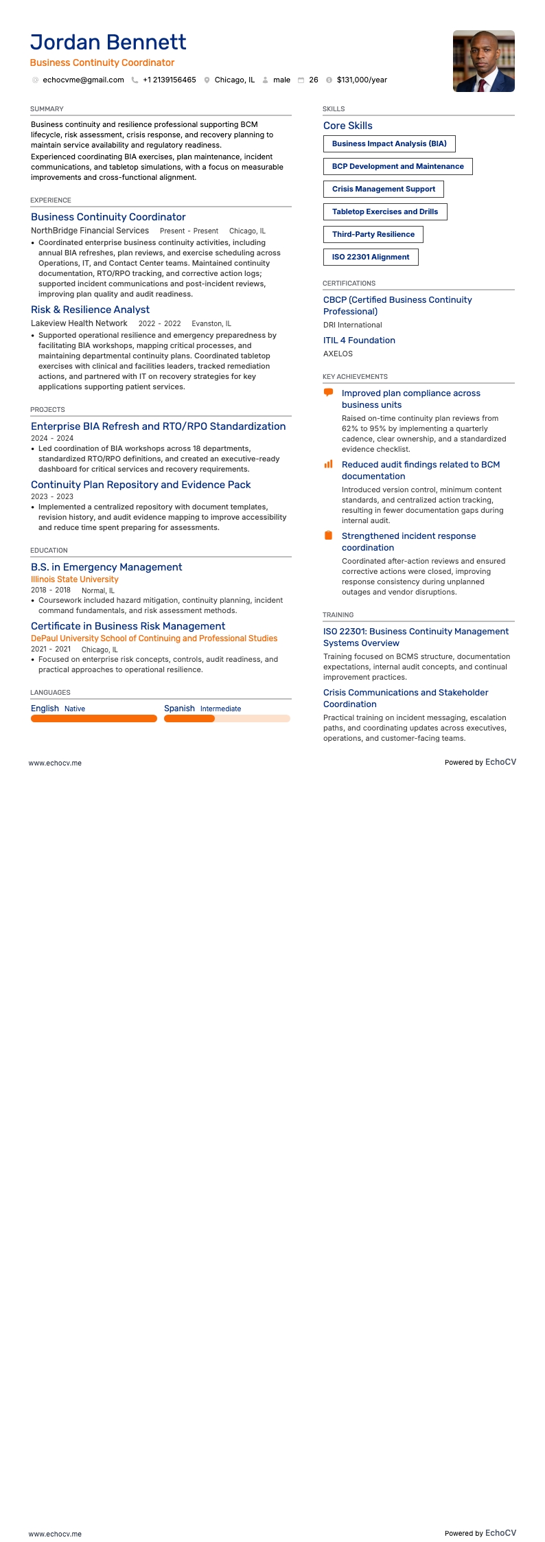 Business Continuity Coordinator example resume