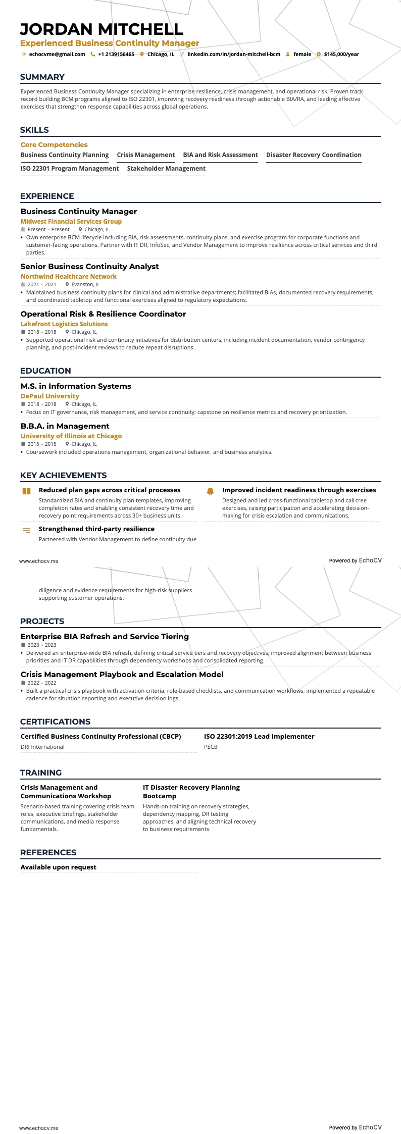 Experienced Business Continuity Manager full preview