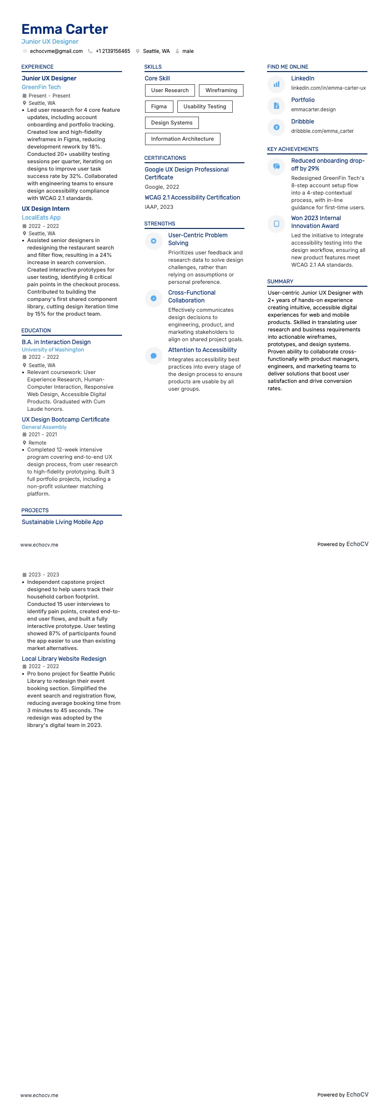 Junior UX-designer example resume