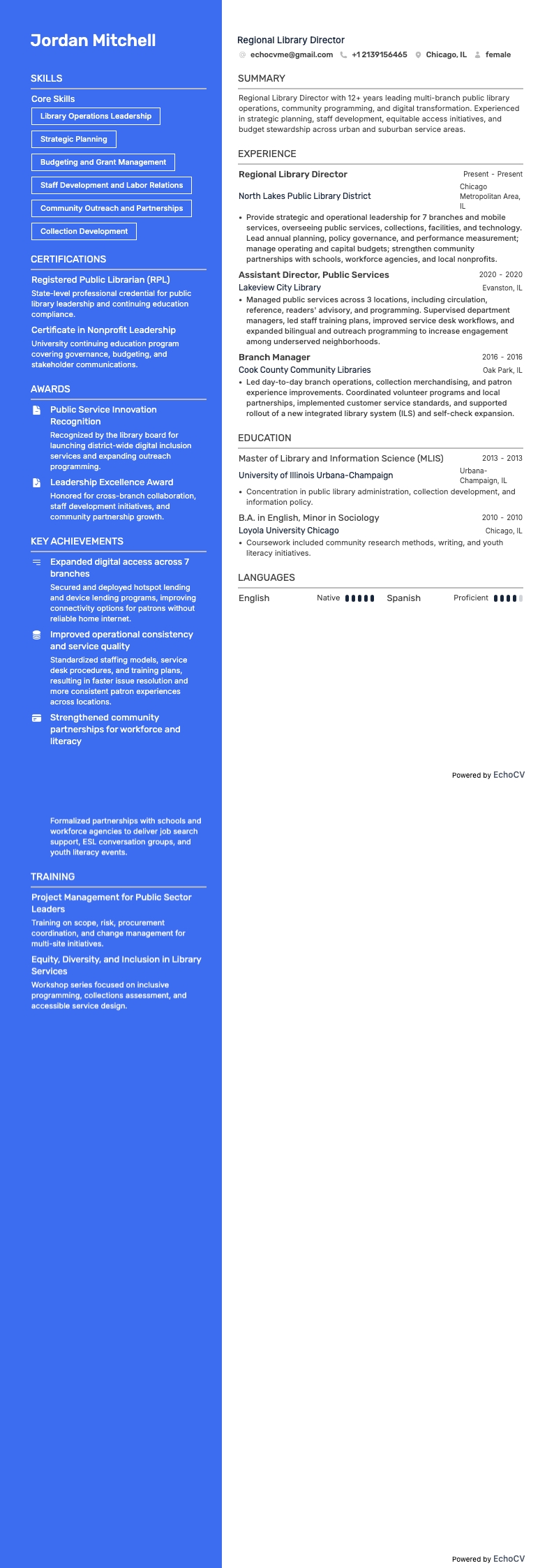 Regional Library Director example resume