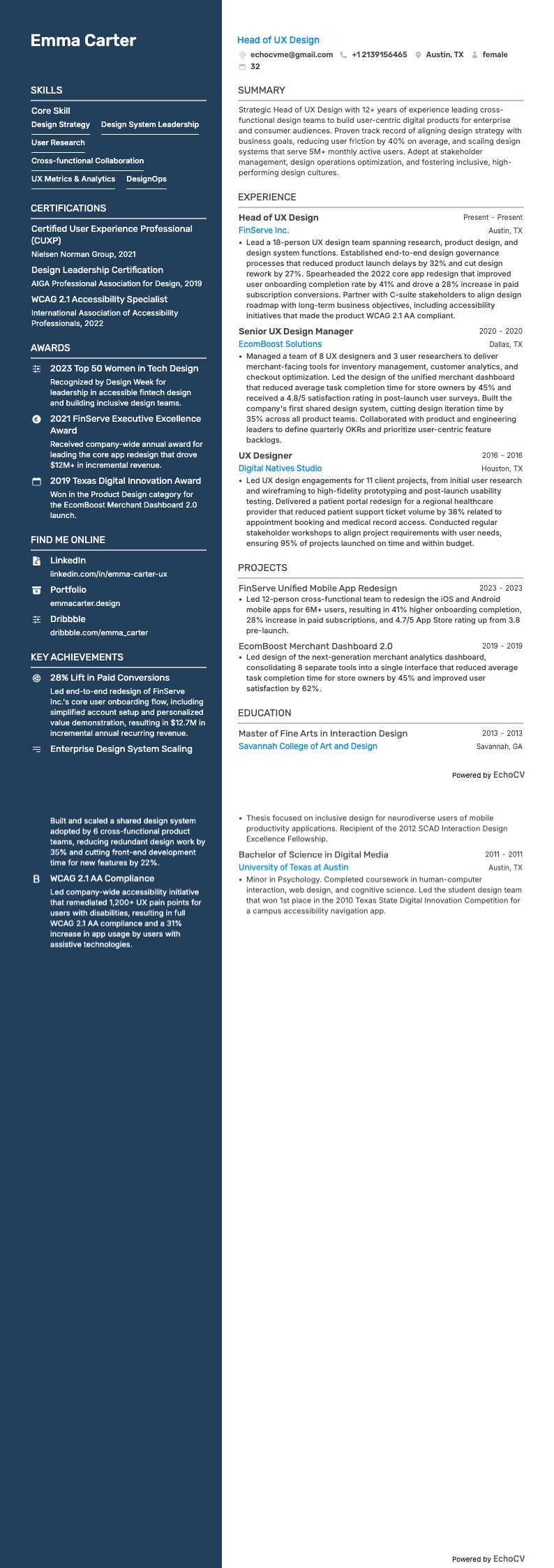 Chef för UX-design example resume