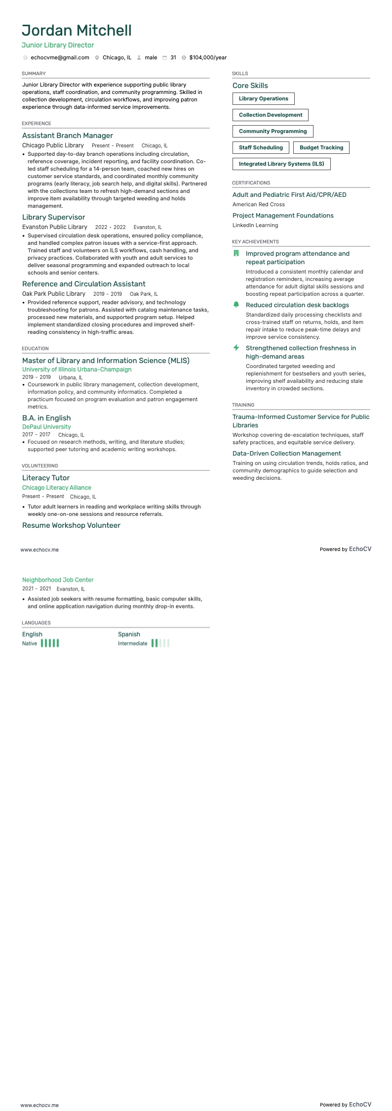 Junior Library Director example resume