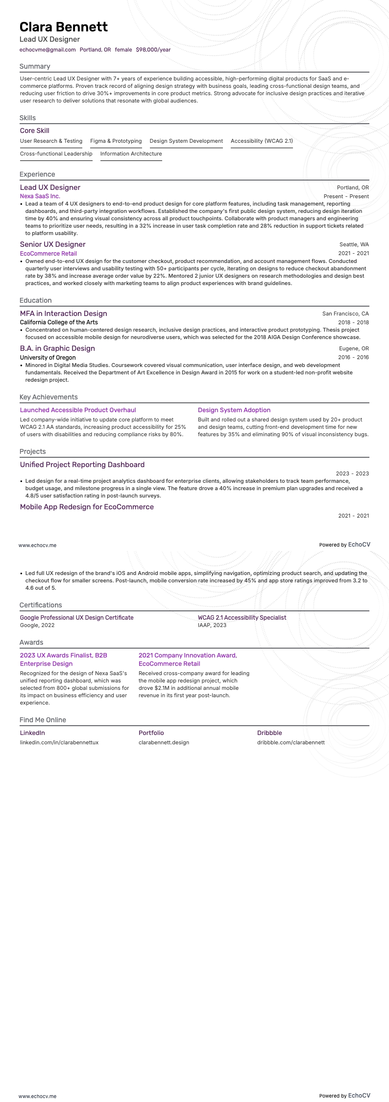 Ledande UX-designer example resume