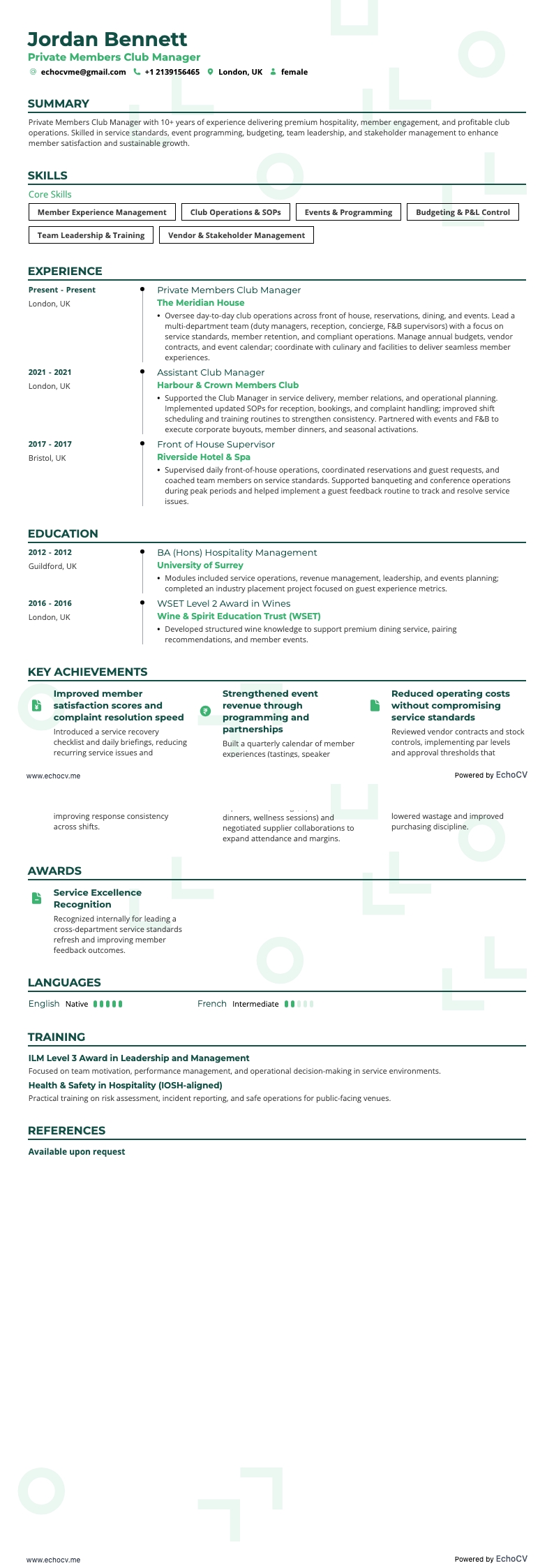 Private Members Club Manager example resume
