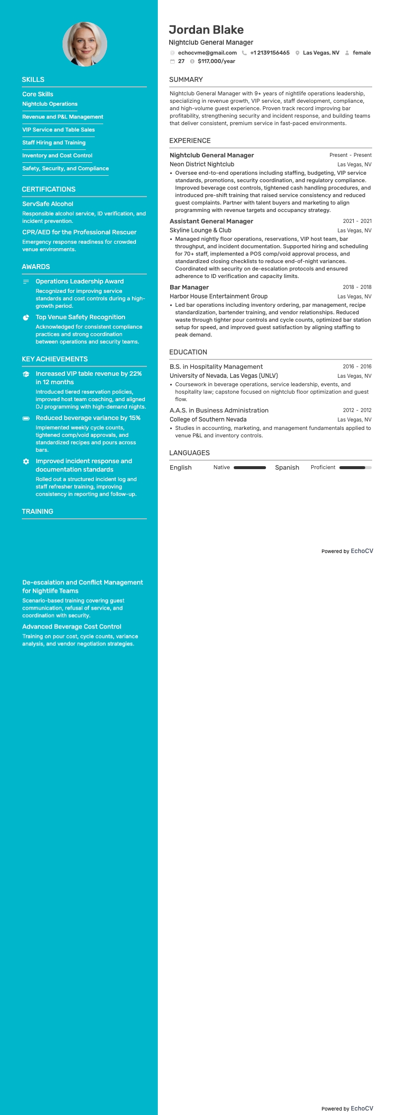 Nightclub General Manager example resume