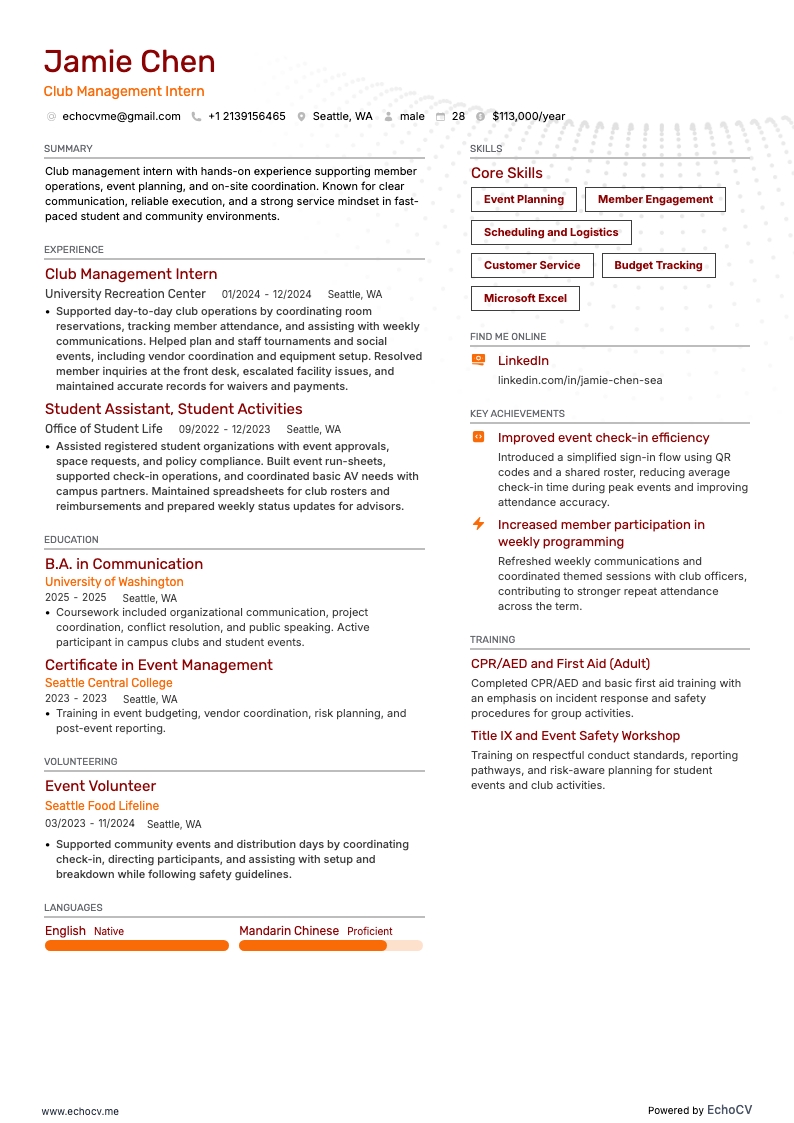 Club Management Intern example resume
