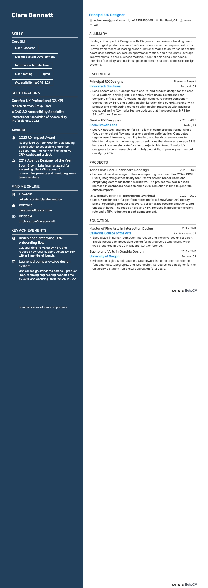 Ledande UX-designer example resume