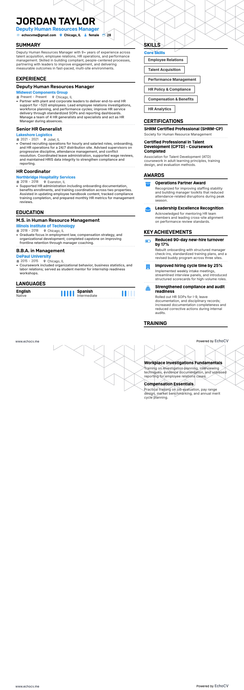 Deputy Human Resources Manager example resume
