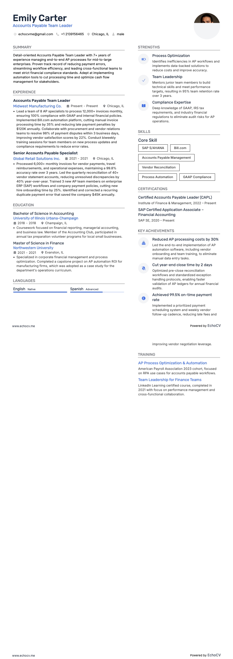 Líder de equipe de contas a pagar example resume