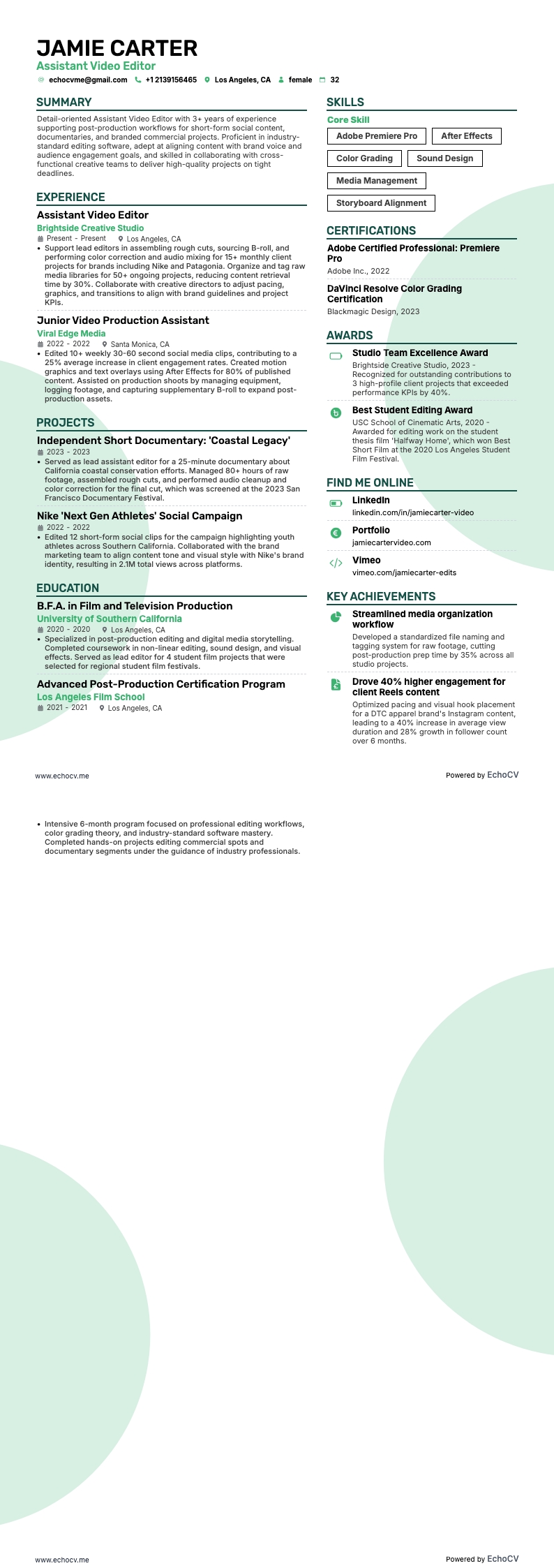 Assistant Video Editor example resume