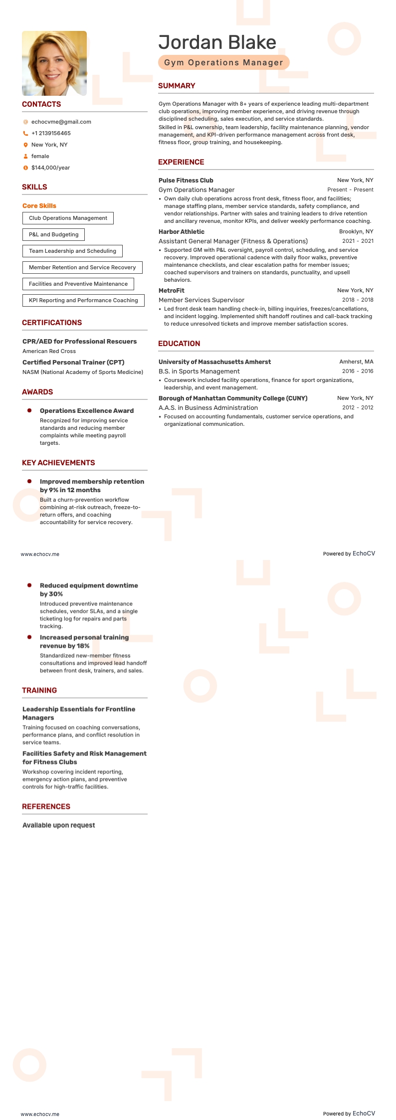 Gym Operations Manager example resume