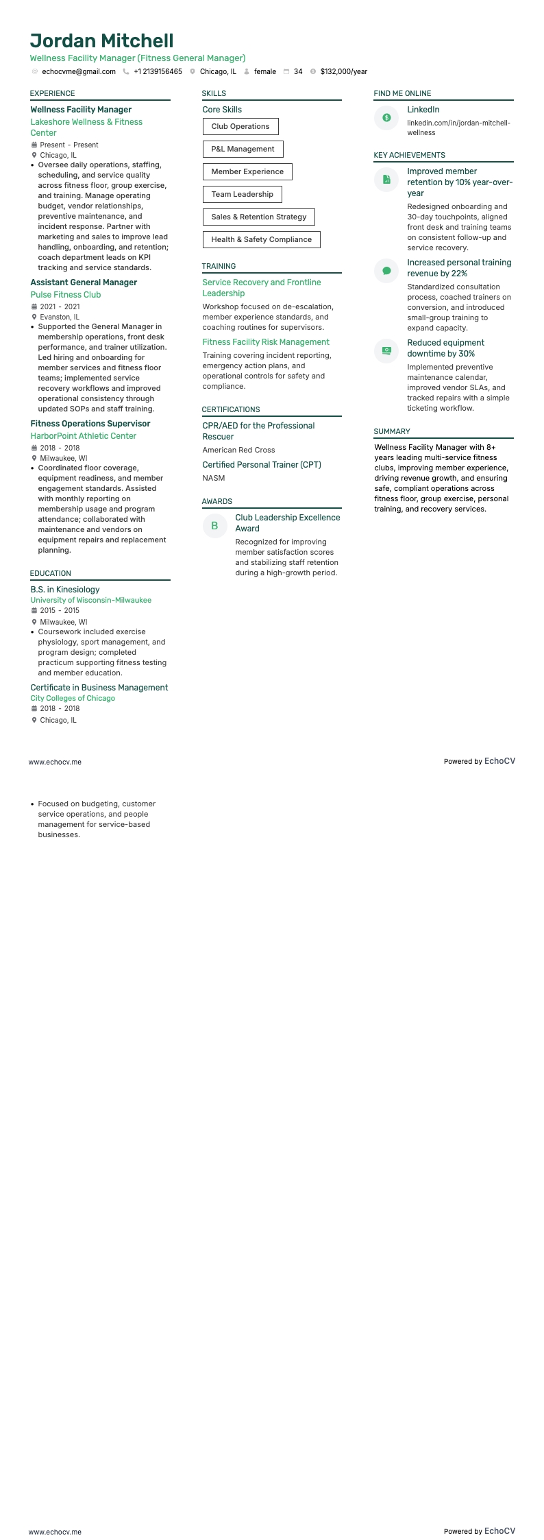 Wellness Facility Manager example resume