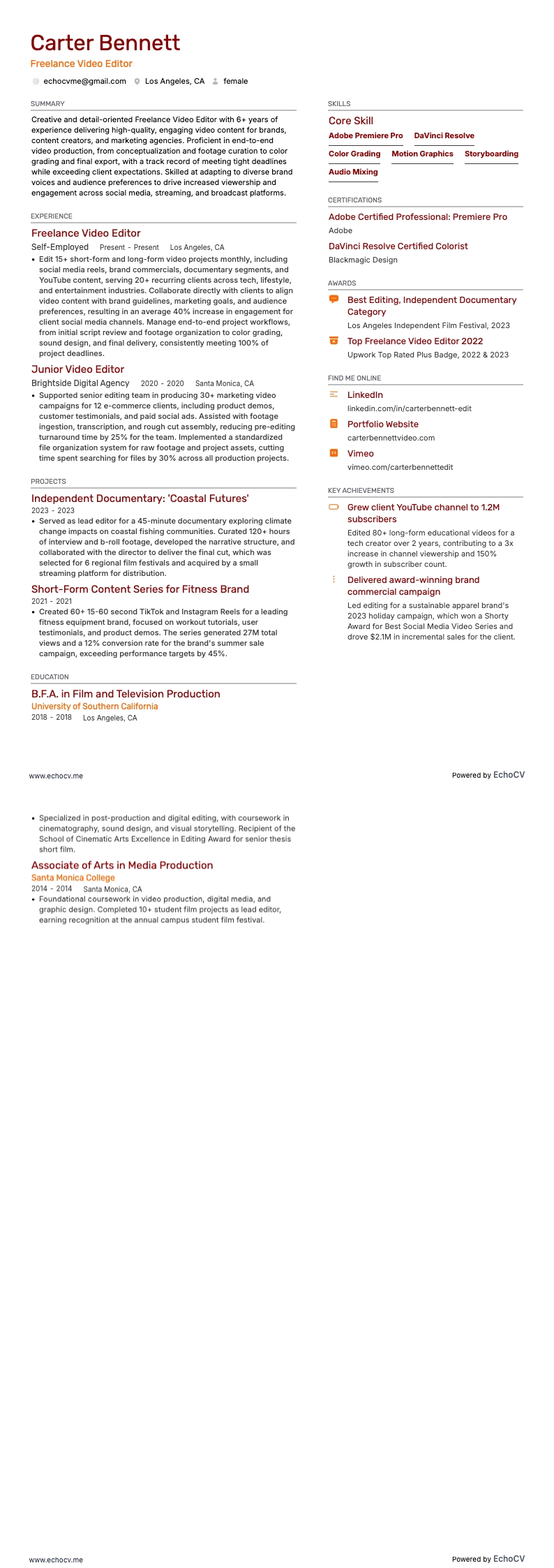 Freelance Video Editor example resume