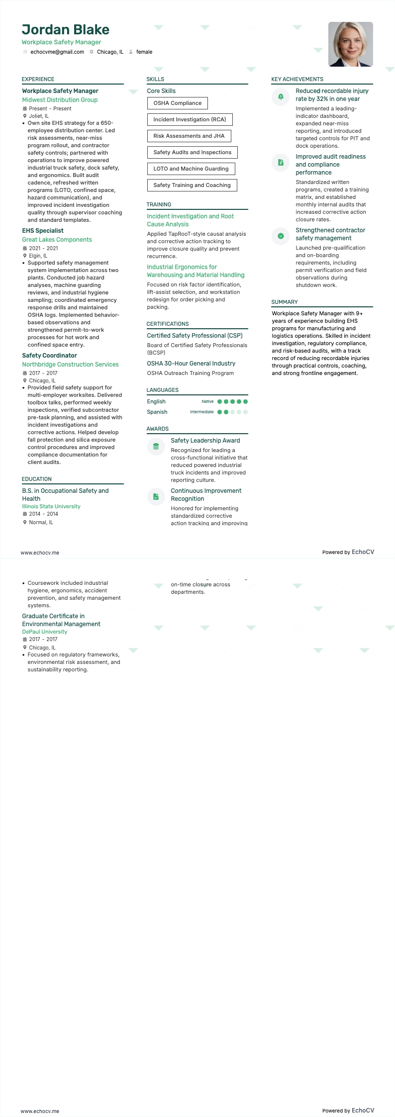 Workplace Safety Manager example resume