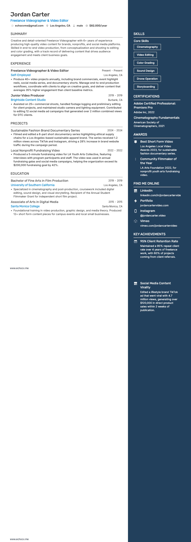 Freelance Videographer example resume
