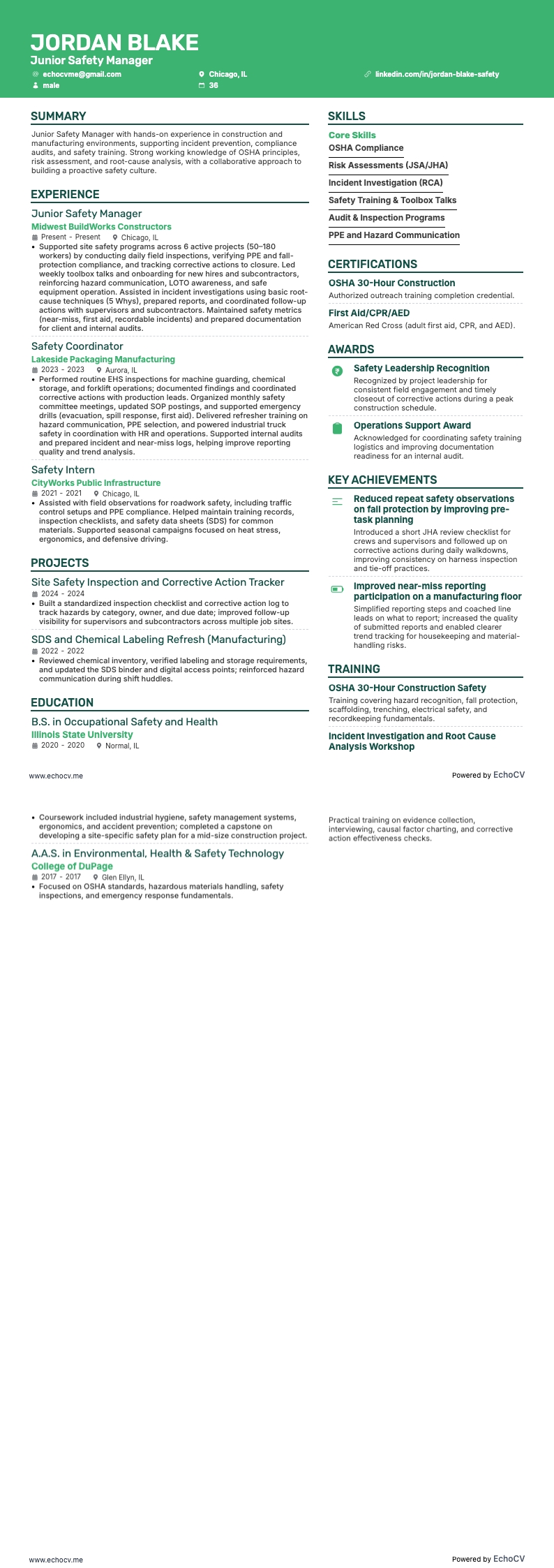 Junior Safety Manager example resume