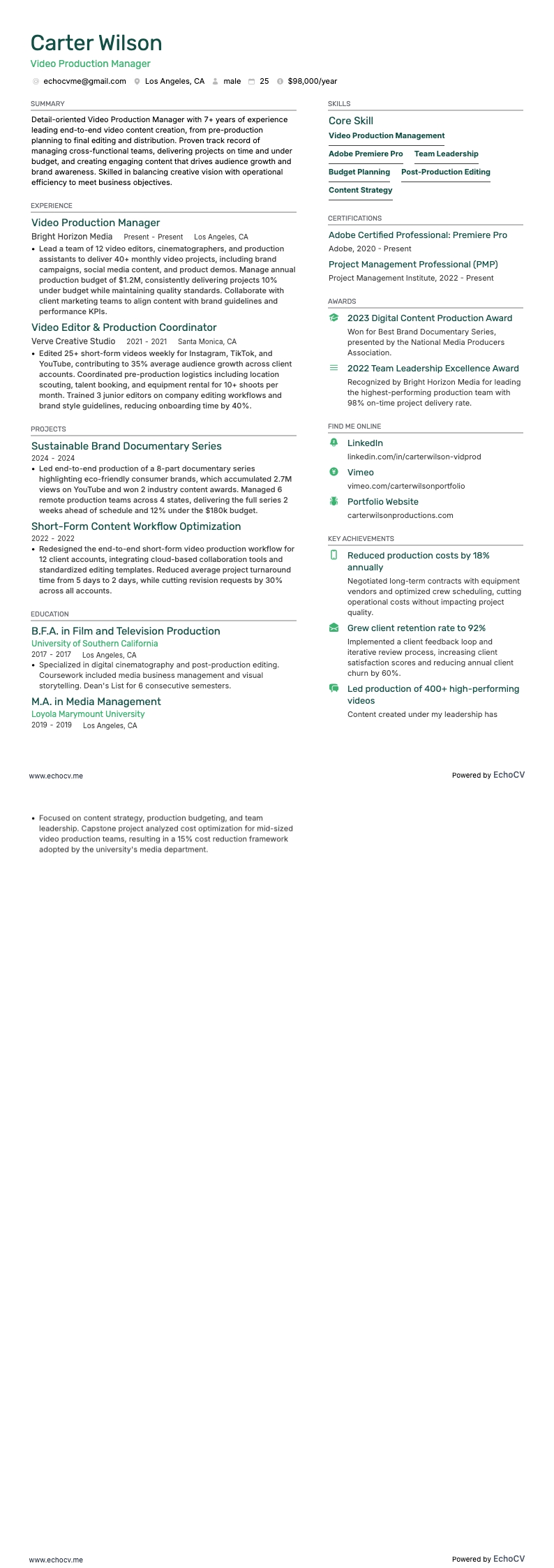 Video Production Manager example resume