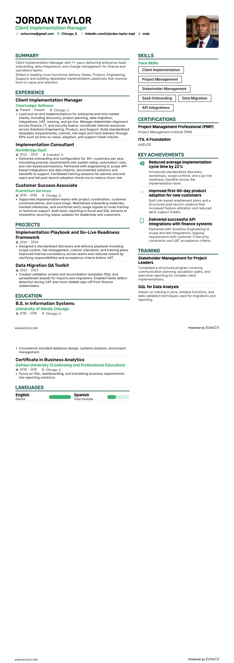 クライアント導入マネージャー example resume