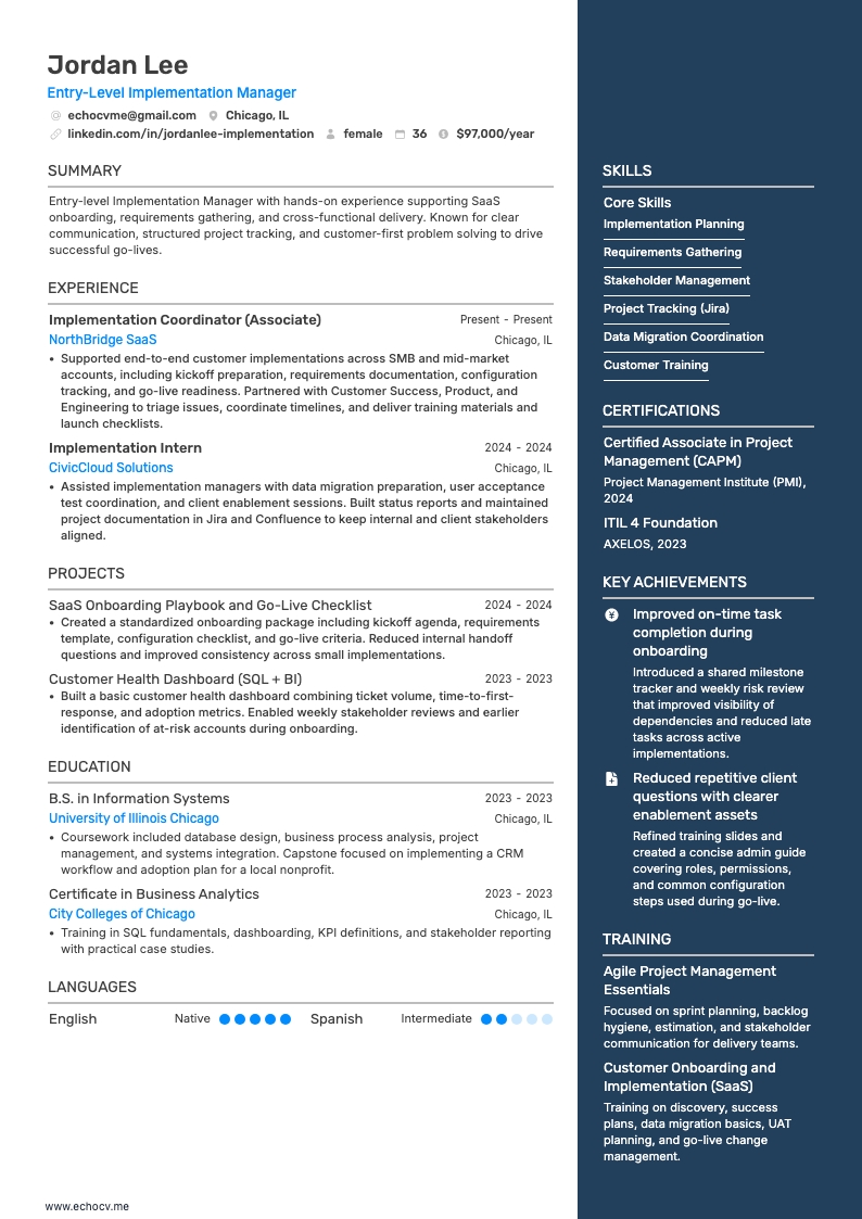 初級導入マネージャー resume example