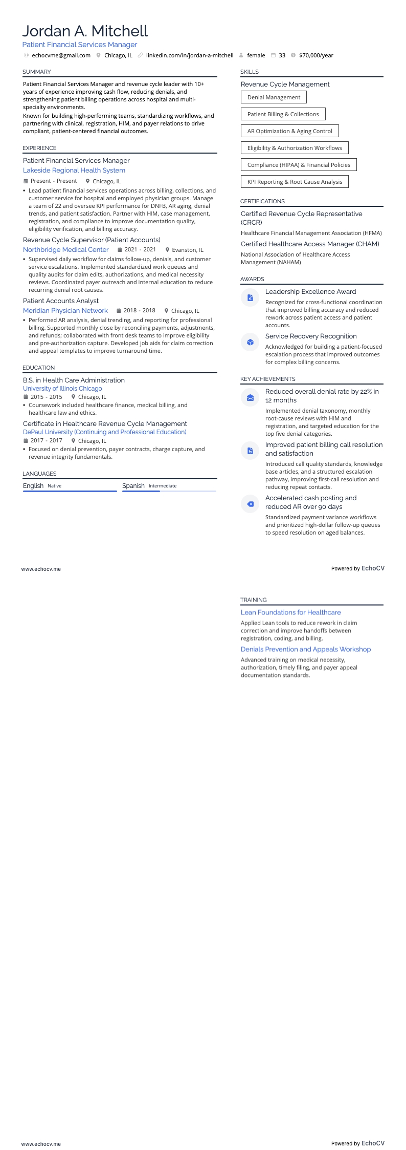 Gerente de serviços financeiros para pacientes example resume