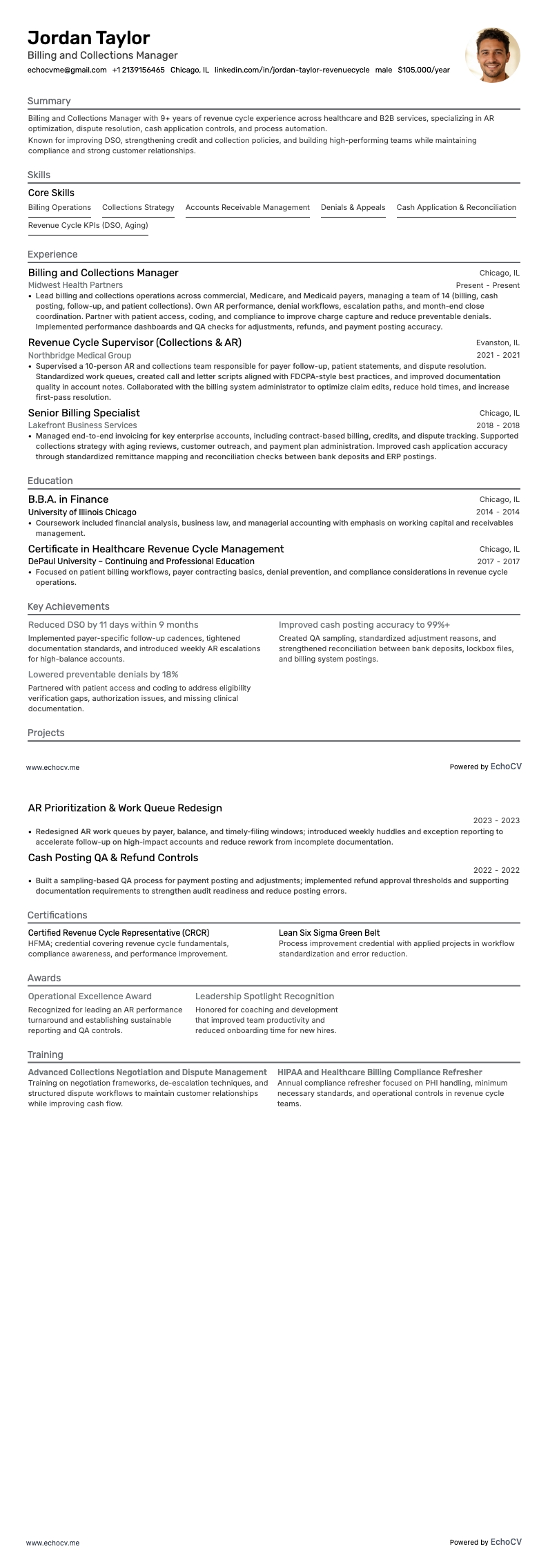 Gerente de Faturamento e Cobrança example resume