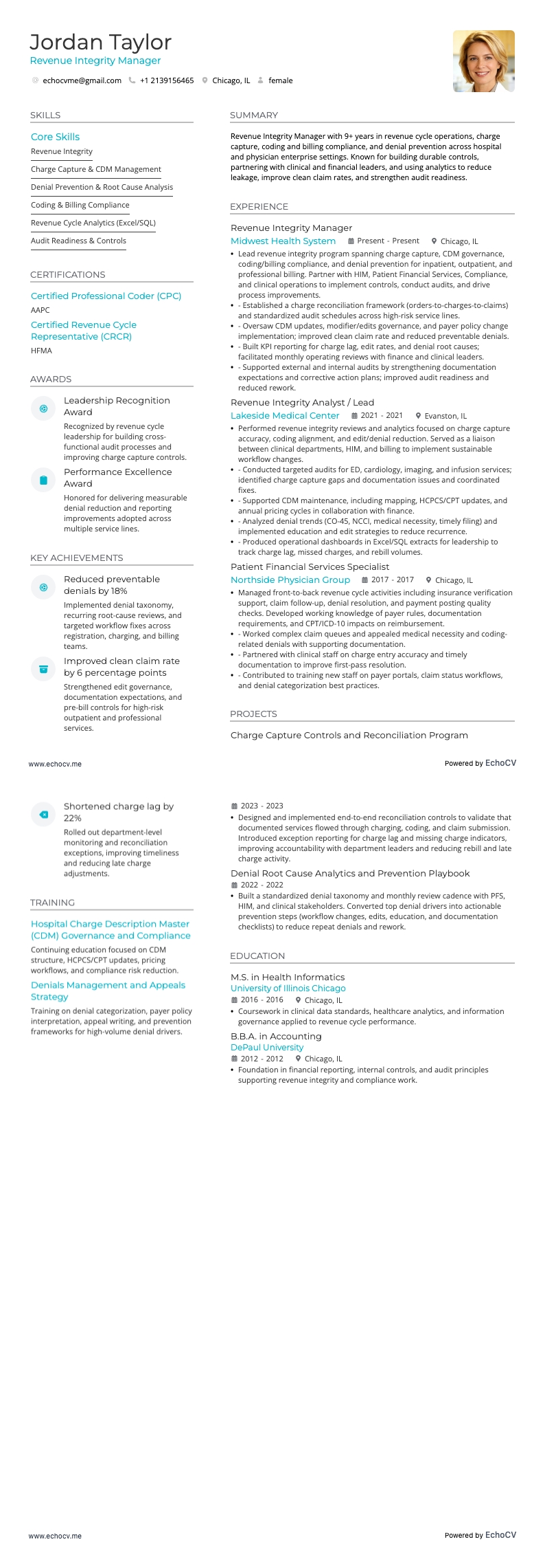 Gerente de ciclo de receita resume example