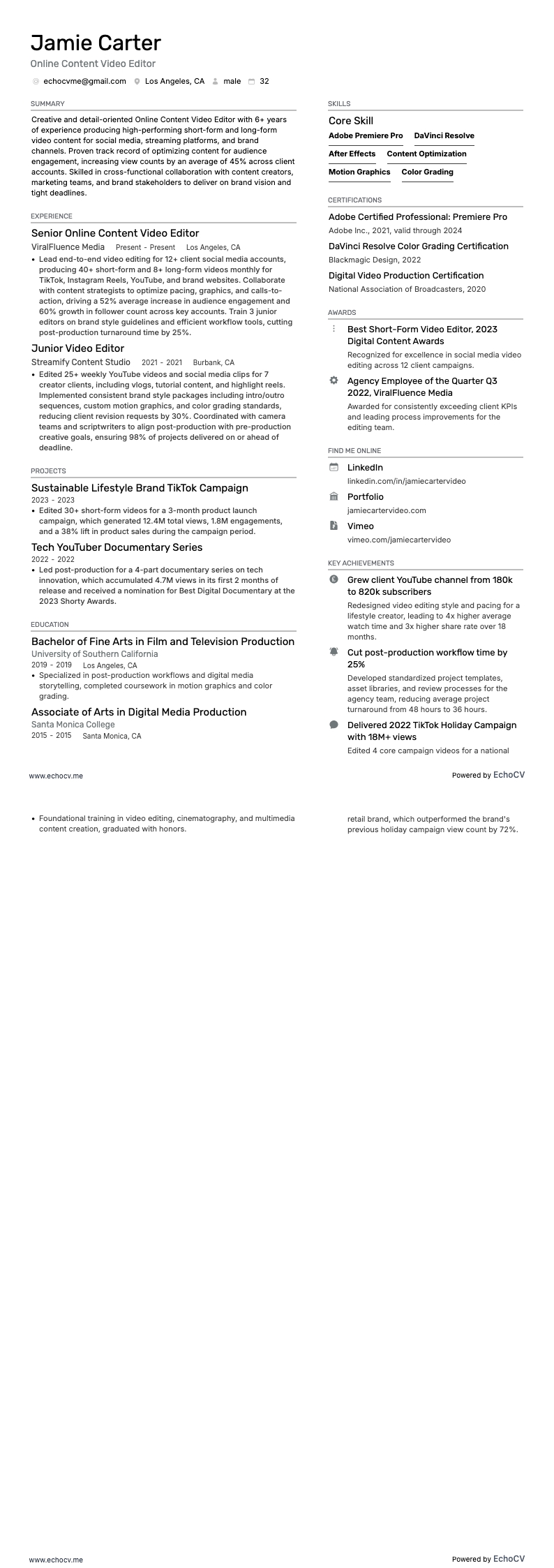 Online Content Video Editor example resume