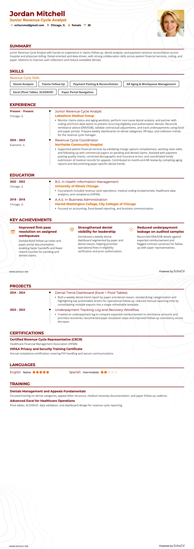 Analista júnior do ciclo de receitas example resume