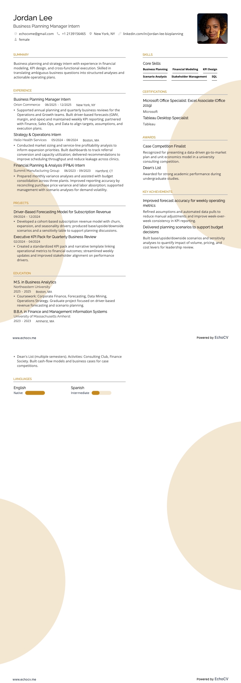 业务规划经理实习生 example resume