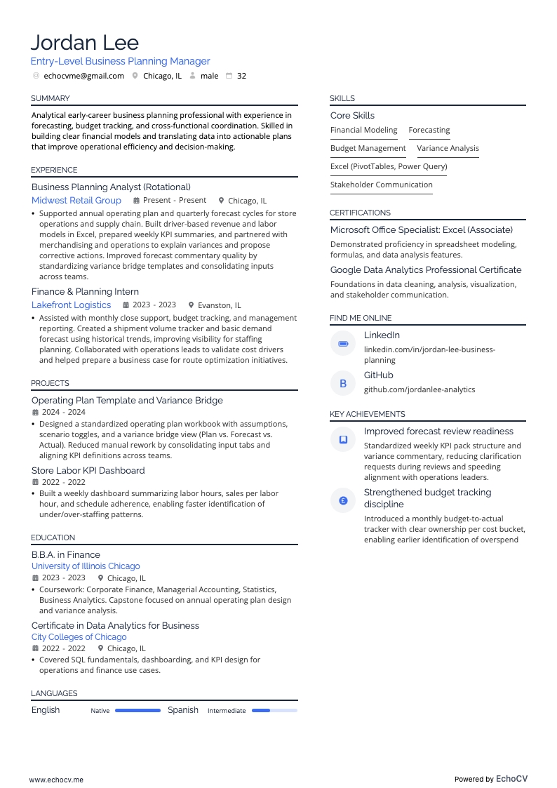 业务规划经理 resume example