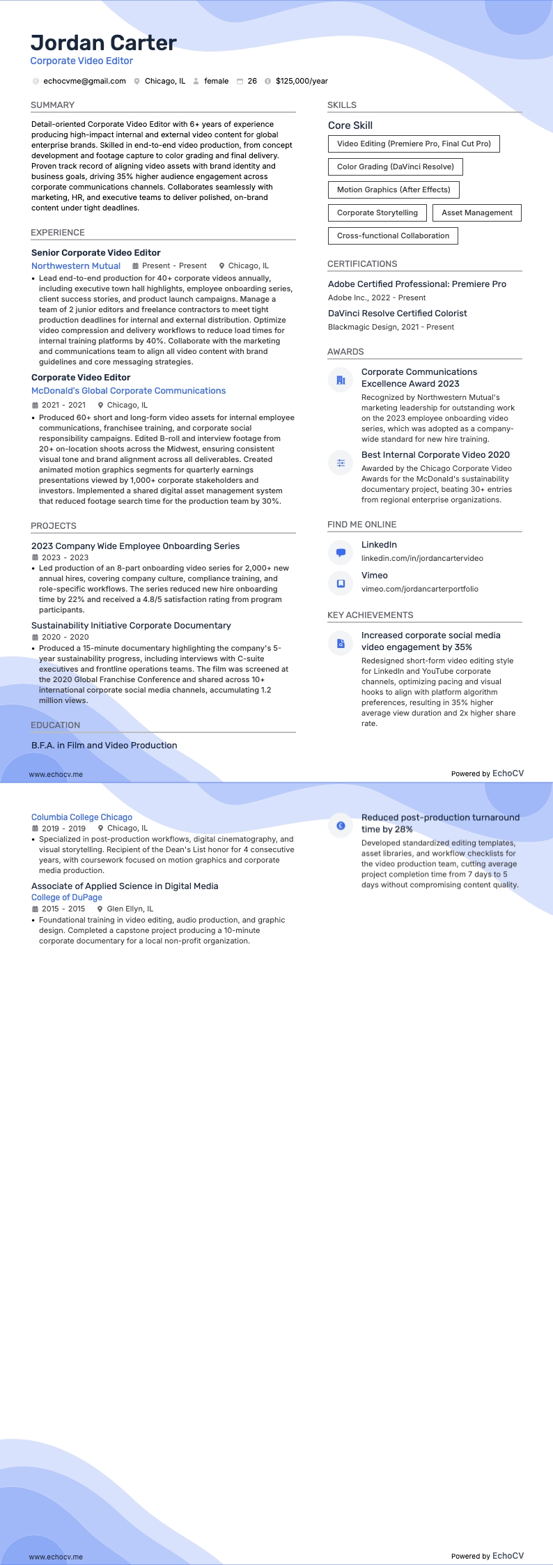 Corporate Video Editor example resume