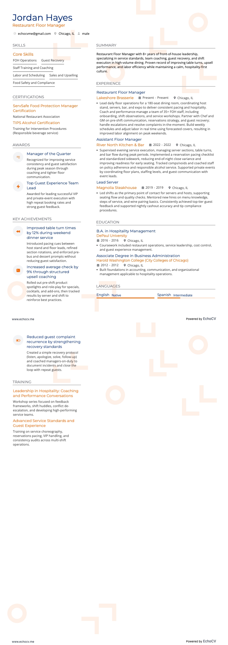 餐廳樓面經理 example resume