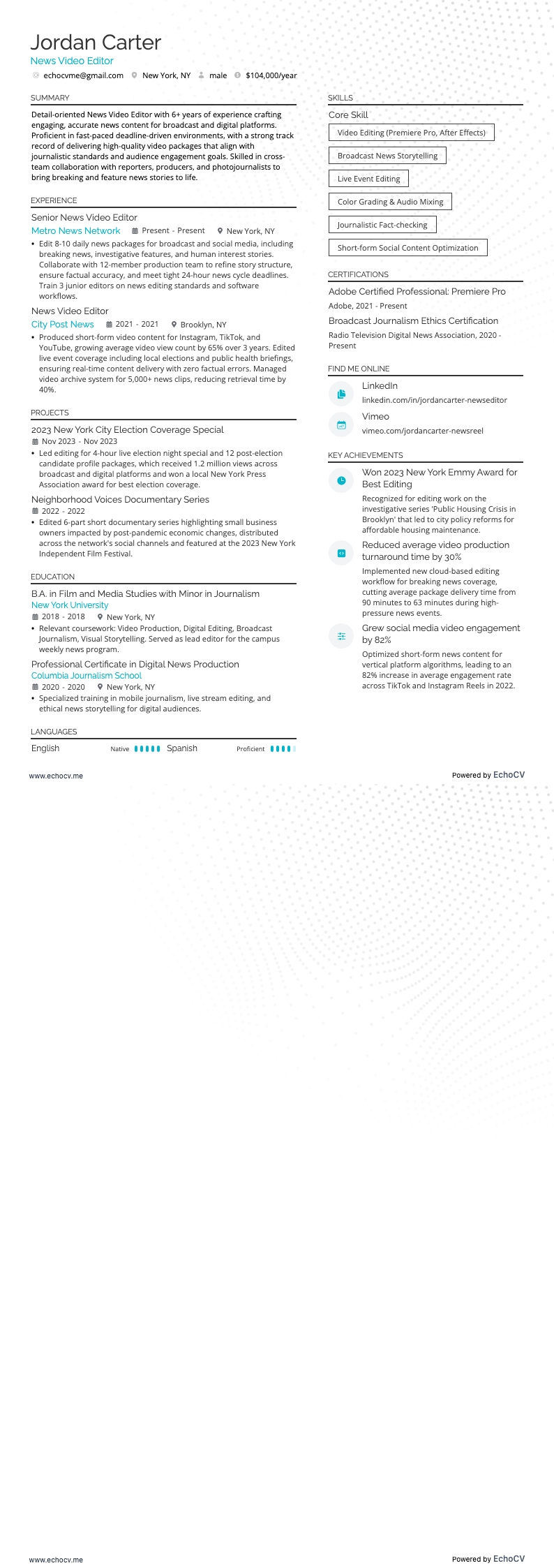 News Video Editor example resume