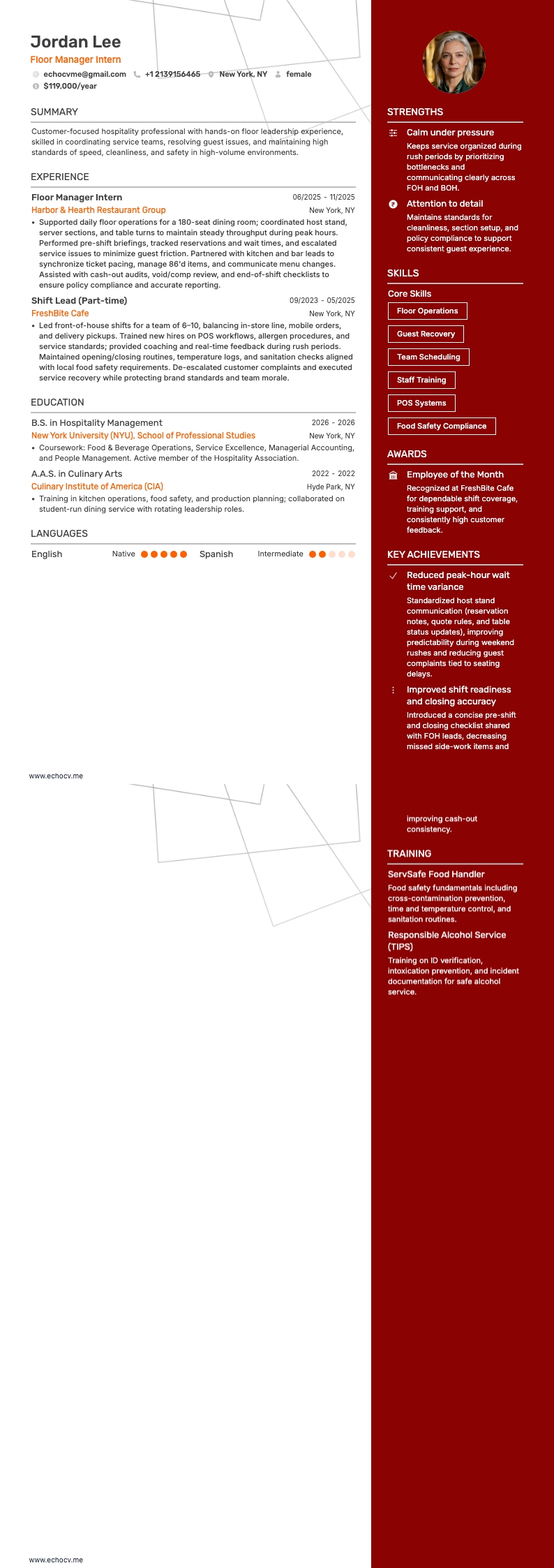 플로어 매니저 resume example