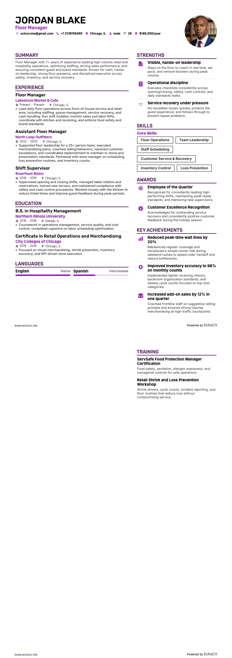 樓面經理 example resume
