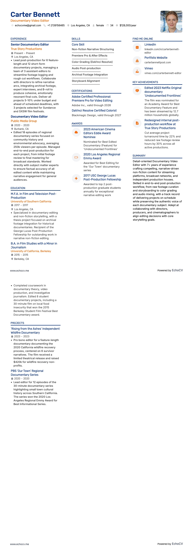 Documentary Video Editor example resume