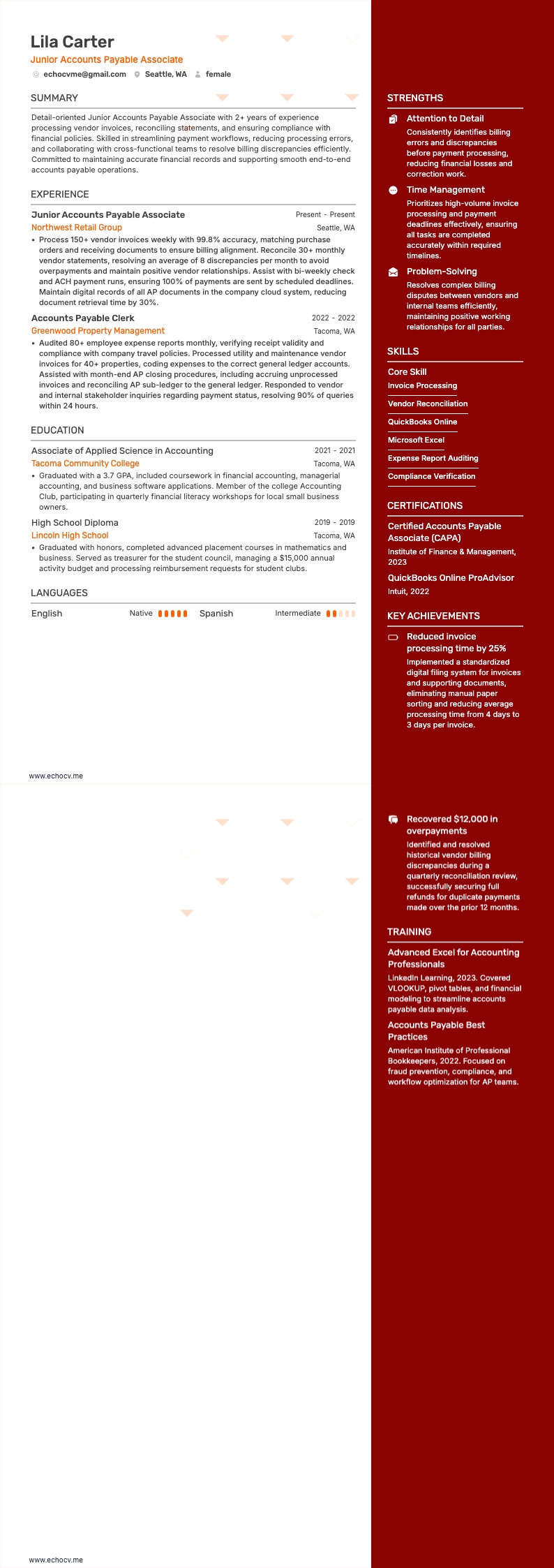 Assistente júnior de contas a pagar example resume