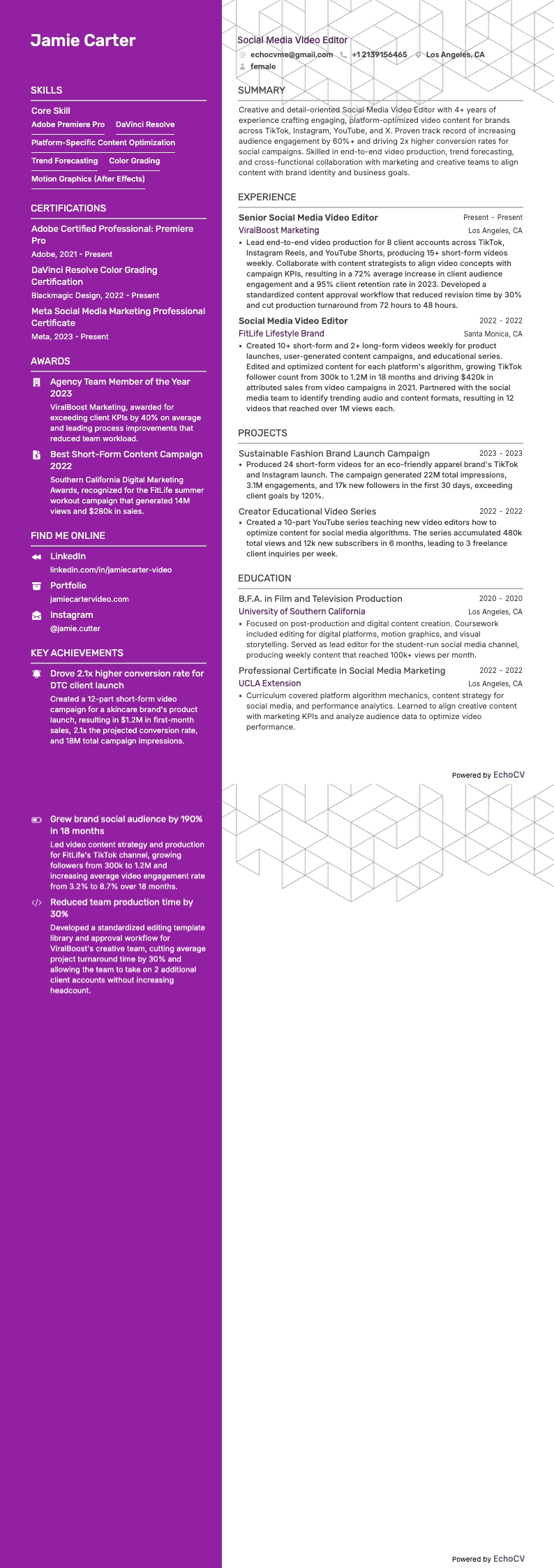 Social Media Video Editor example resume