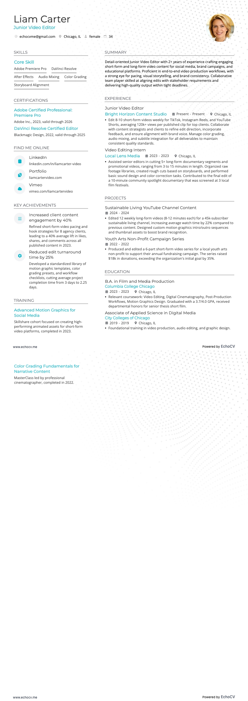 Junior Video Editor example resume