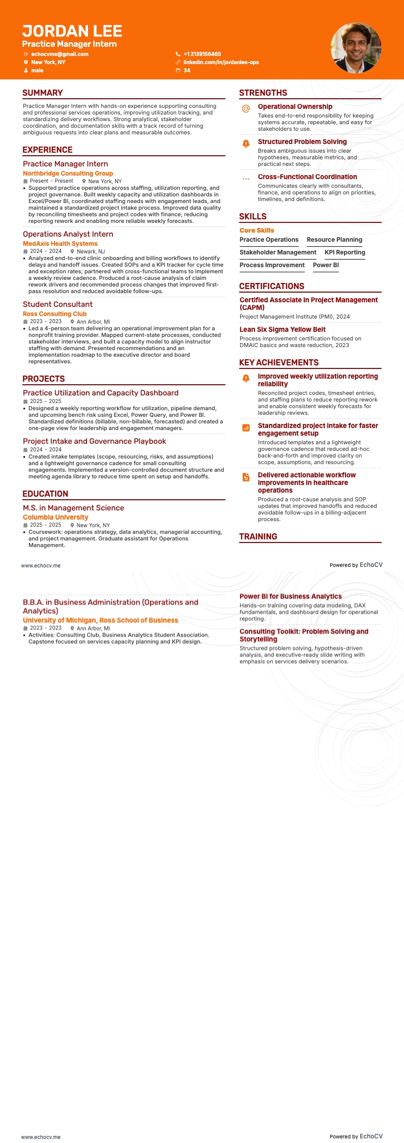 診所管理實習生 resume example