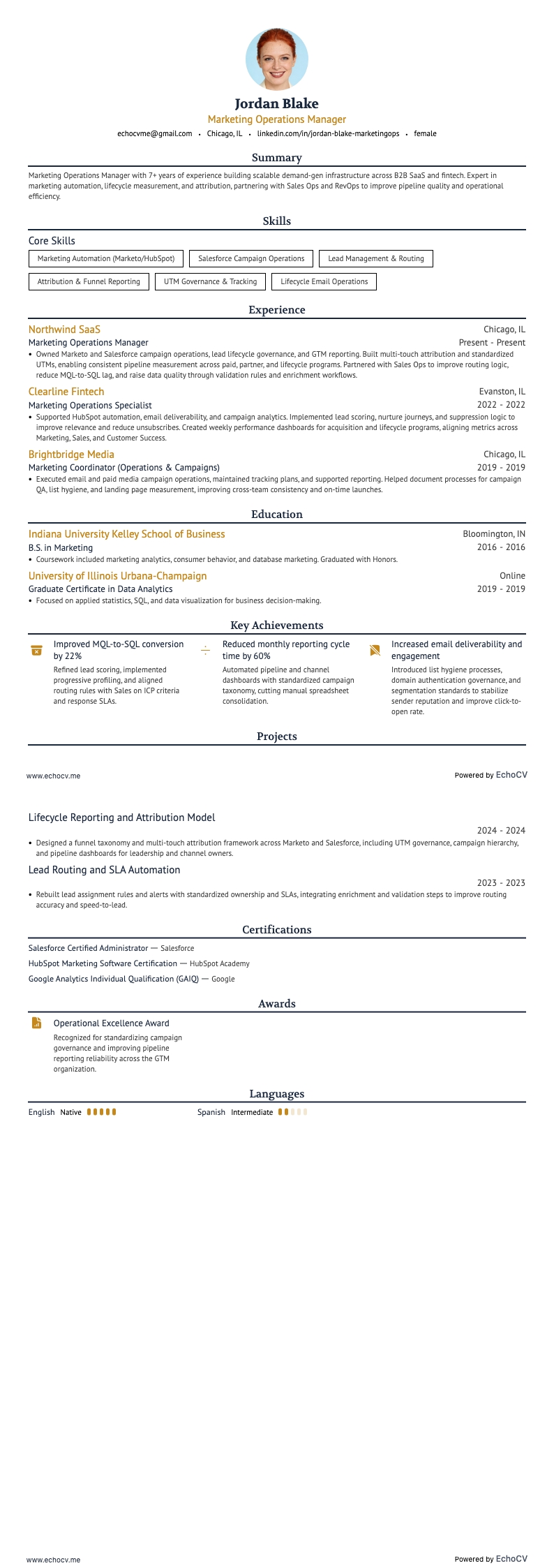 Marketing Operations Manager example resume