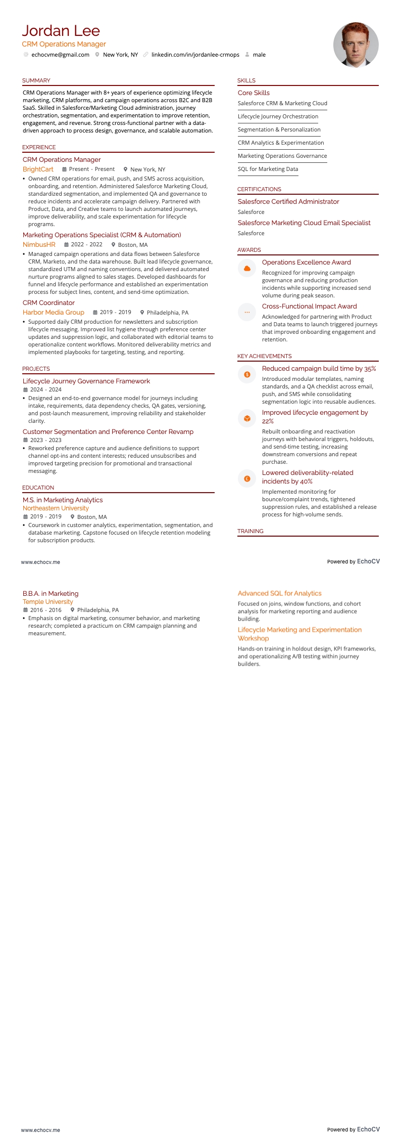CRM Operations Manager example resume