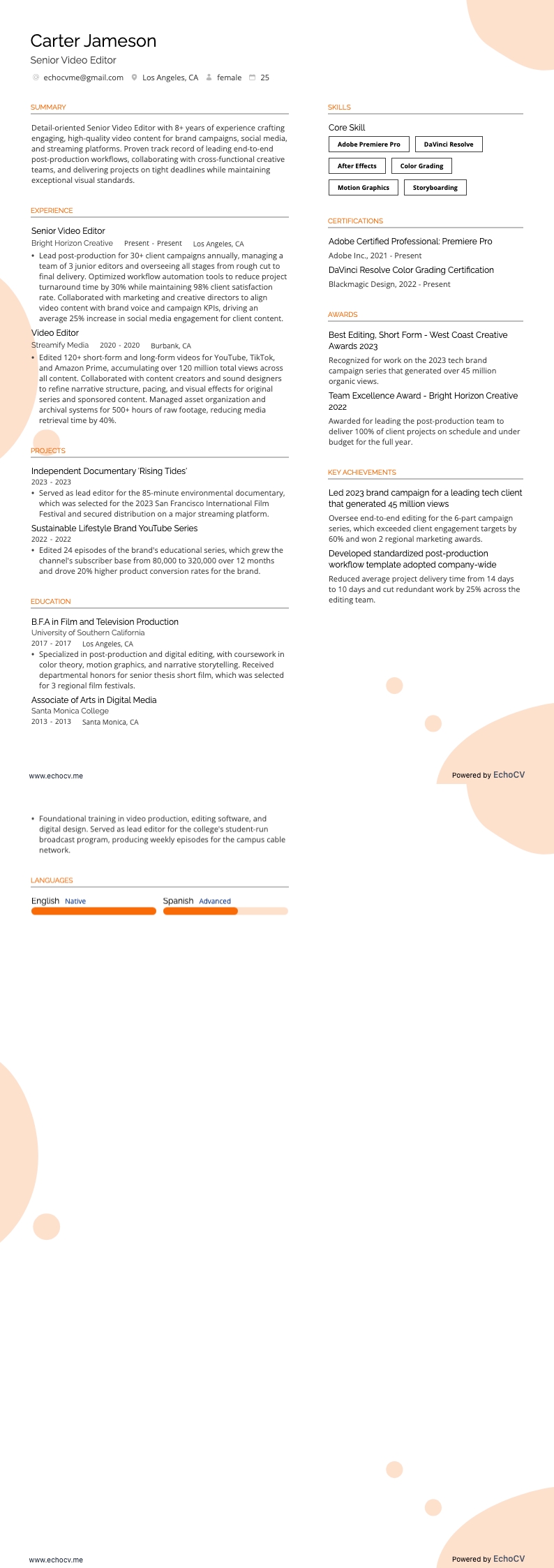 Video Editor resume example