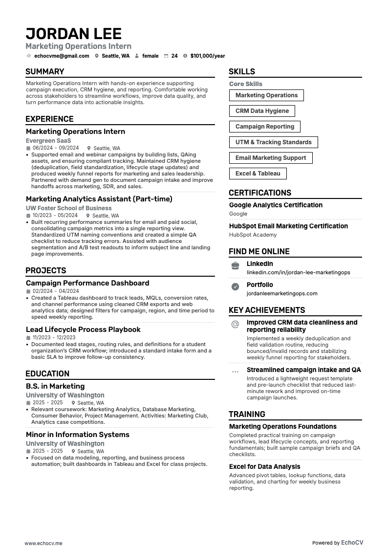 Marketing Operations Intern example resume