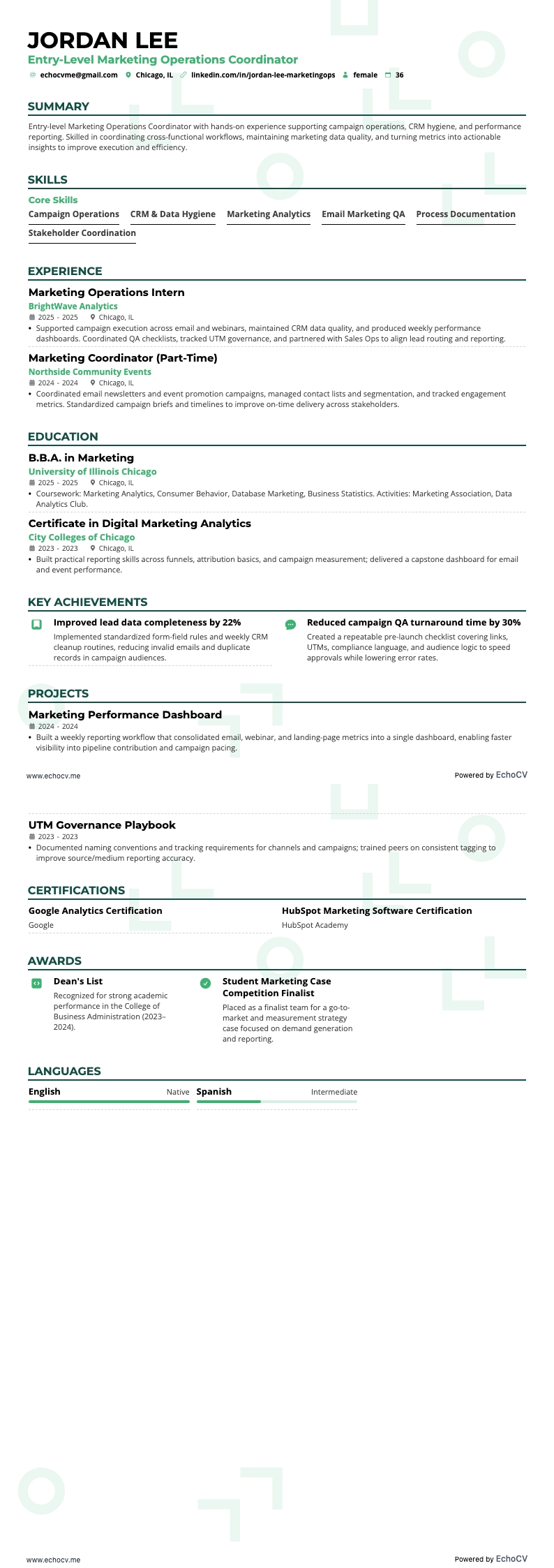 Entry-Level Marketing Operations Coordinator example resume