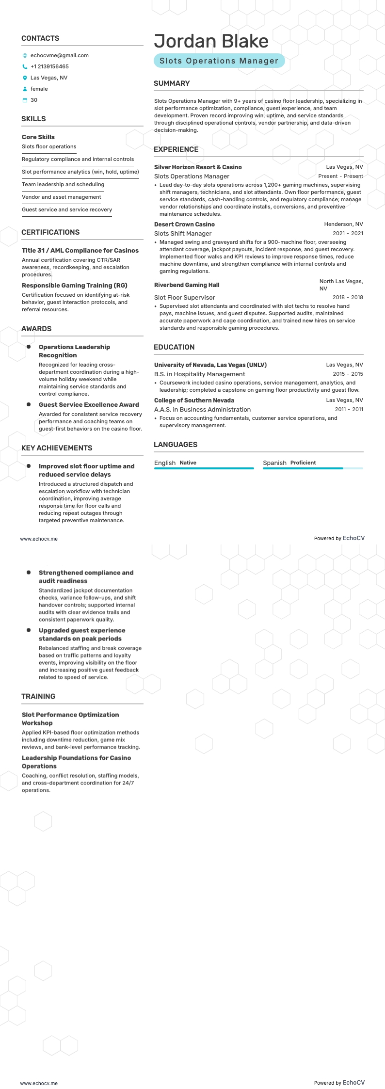 Gerente de cassino resume example