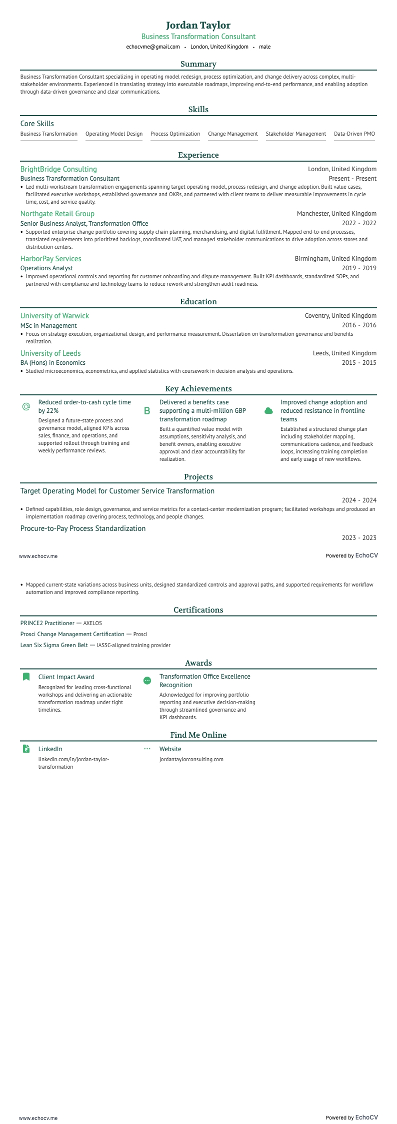 Consultor de Transformação Empresarial example resume