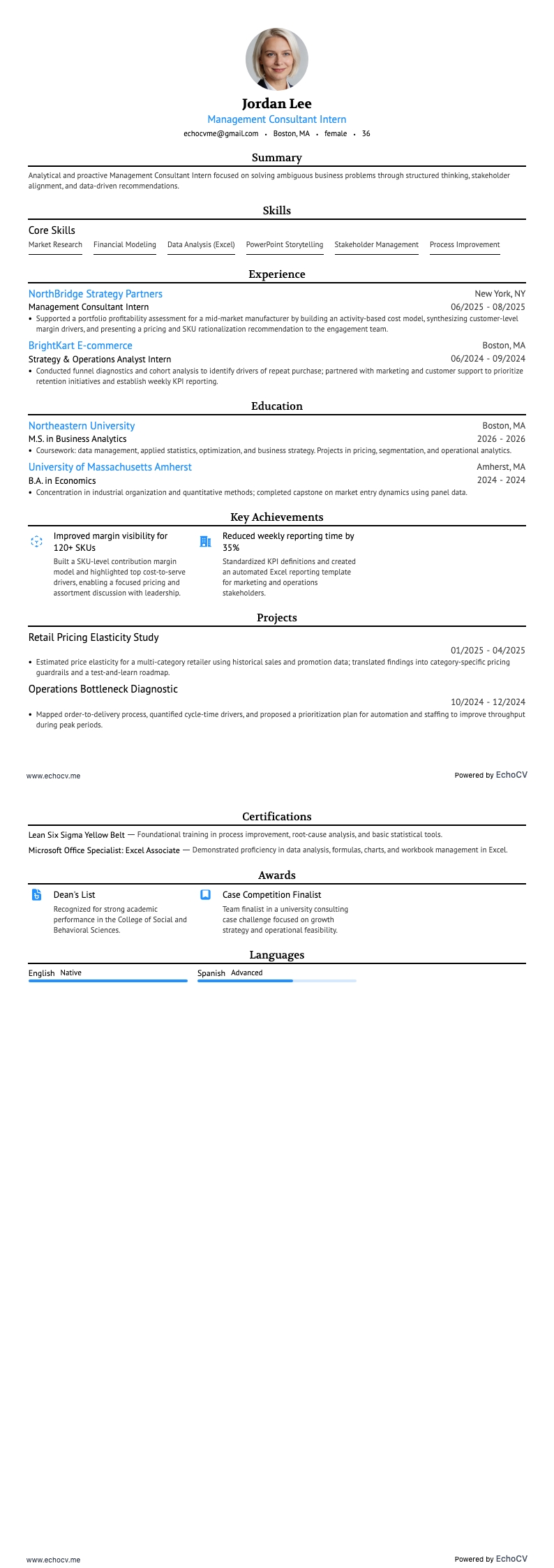 Estagiário de consultoria de gestão example resume